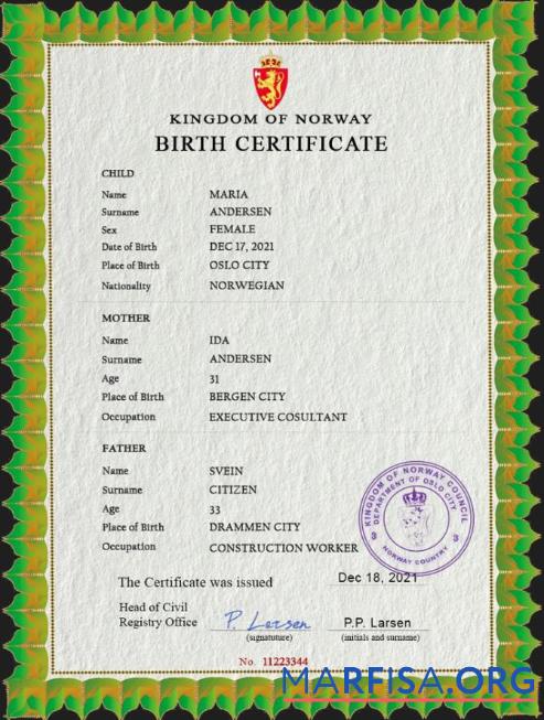 Blank Norway birth certificate PSD template